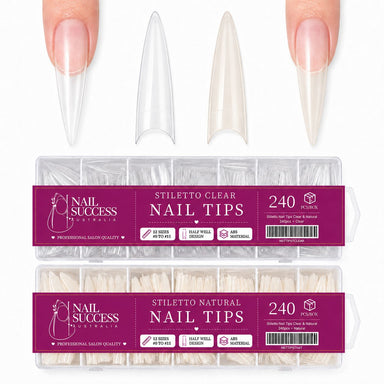 Stiletto Nail Tips Clear and Natural 240pcs boxes by Nail Success Australia with stiletto tips shown on the nail and 12 sizes per box