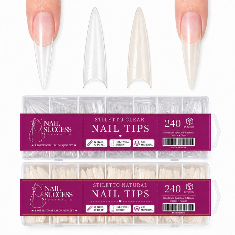 Stiletto Nail Tips Clear and Natural 240pcs boxes by Nail Success Australia with stiletto tips shown on the nail and 12 sizes per box