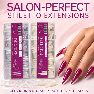 Stiletto Nail Tips Clear and Natural 240pcs boxes by Nail Success Australia with finished stiletto nail set
