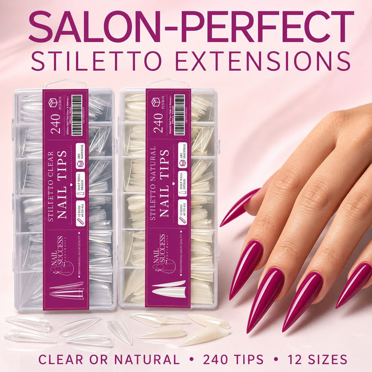 Stiletto Nail Tips Clear and Natural 240pcs boxes by Nail Success Australia with finished stiletto nail set