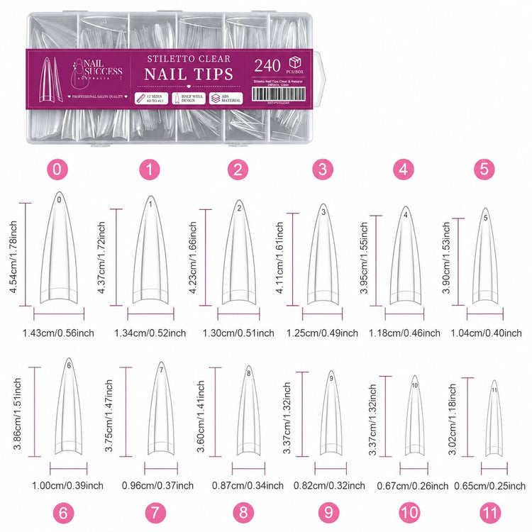 Stiletto Clear Nail Tips size chart with 12 sizes 0 to 11 and measurements in cm and inches