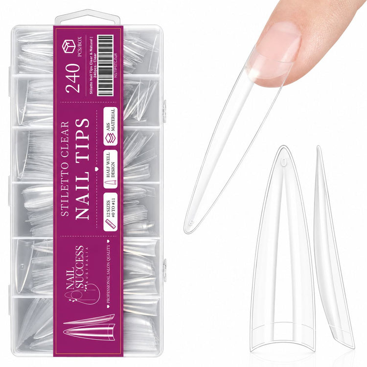 Stiletto Nail Tips Clear 240pcs box by Nail Success Australia with clear stiletto tips on white background