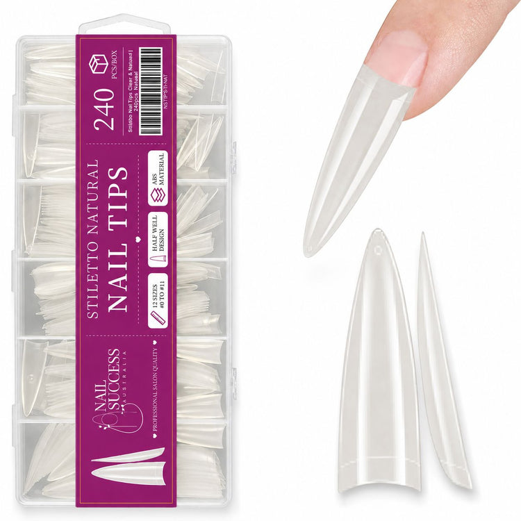Stiletto Nail Tips Natural 240pcs box by Nail Success Australia with natural stiletto tips on white background