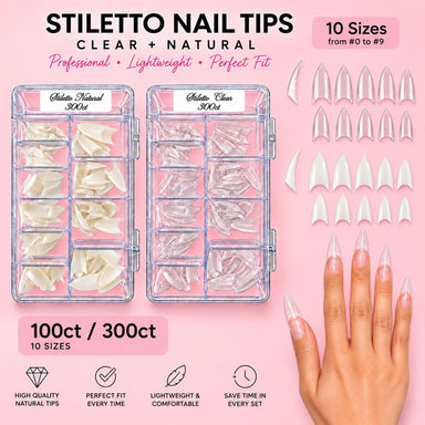 Stiletto nail tips in clear and natural, 10 sizes from 0 to 9, in 100ct and 300ct trays