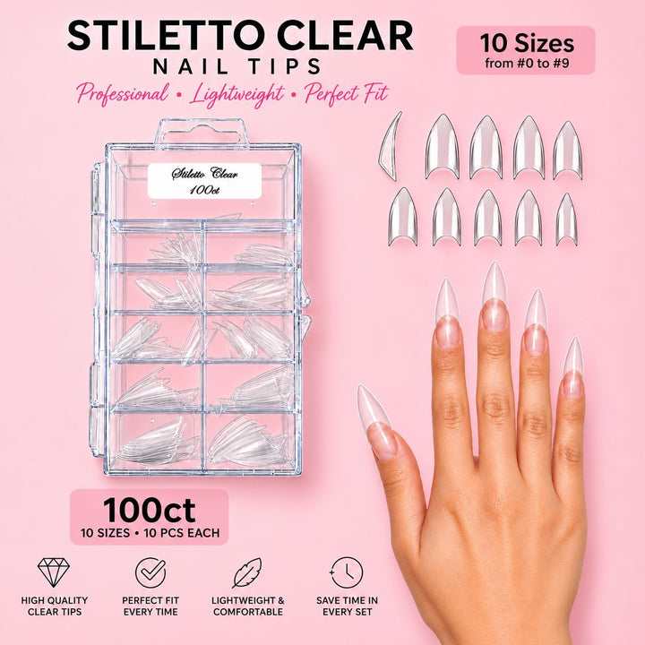 Stiletto Clear nail tips, 100ct tray with 10 sizes from 0 to 9