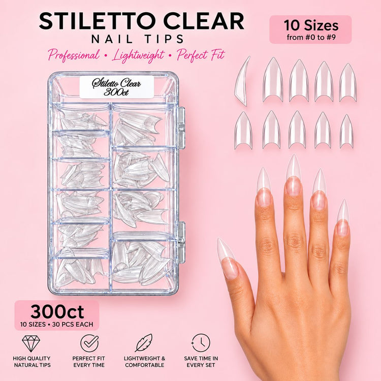 Stiletto Clear nail tips, 300ct tray with 10 sizes from 0 to 9