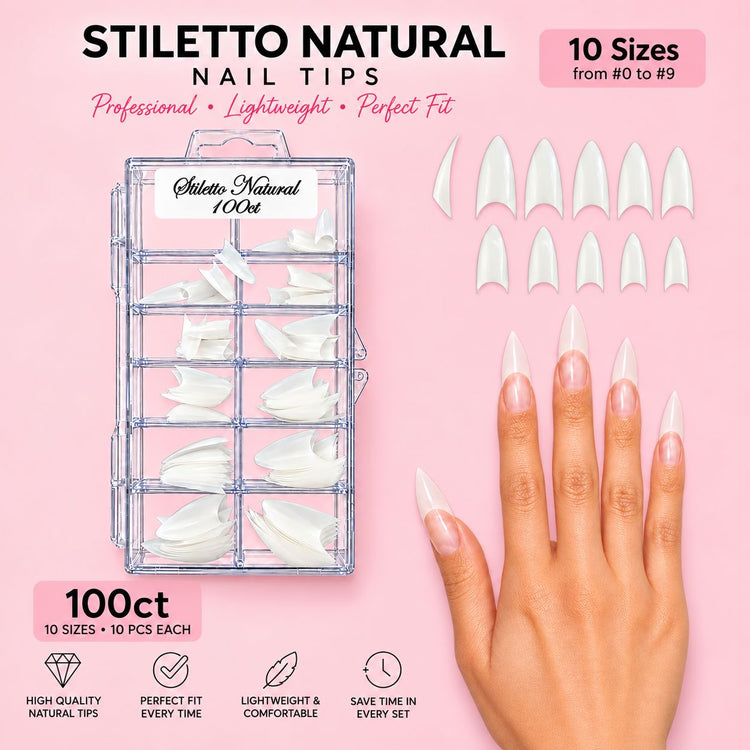 Stiletto Natural nail tips, 100ct tray with 10 sizes from 0 to 9