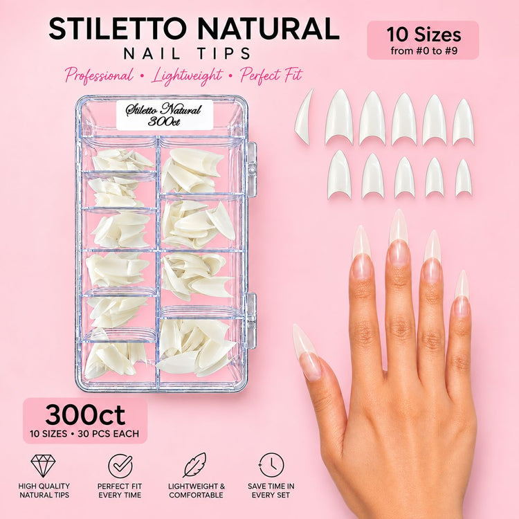 Stiletto Natural nail tips, 300ct tray with 10 sizes from 0 to 9