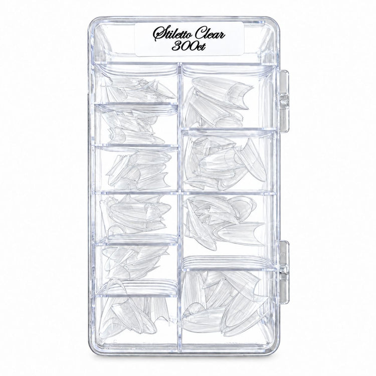 Tray of 300 clear stiletto nail extension tips in assorted sizes, organised into compartments in a transparent storage box.
