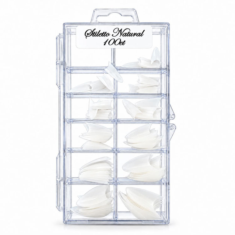 Tray of 100 natural-coloured stiletto nail extension tips in assorted sizes, organised into compartments in a transparent storage box.
