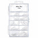 Tray of 100 clear stiletto nail extension tips in assorted sizes, organised into compartments in a transparent storage box.

