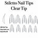 Clear ABS stiletto nail tips in sizes 0–9 with a deep smile line, shown from above and in side profile.

