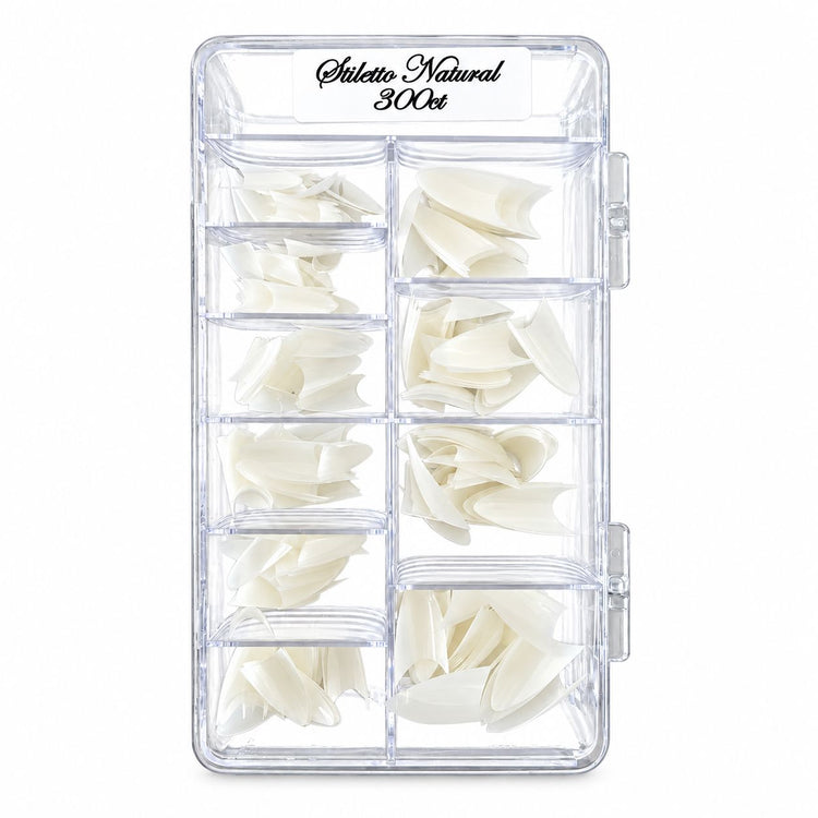 Tray of 300 natural-coloured stiletto nail extension tips in assorted sizes, organised into compartments in a transparent storage box.
