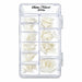 Tray of 300 natural-coloured stiletto nail extension tips in assorted sizes, organised into compartments in a transparent storage box.
