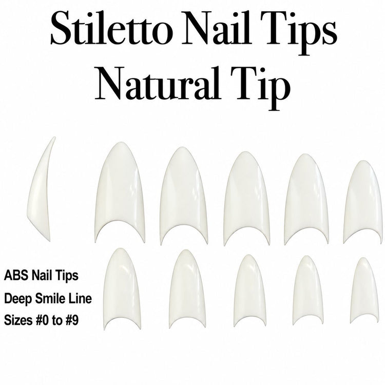 Natural-coloured ABS stiletto nail tips in sizes 0–9 with a deep smile line, shown from above and in side profile.
