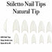Natural-coloured ABS stiletto nail tips in sizes 0–9 with a deep smile line, shown from above and in side profile.

