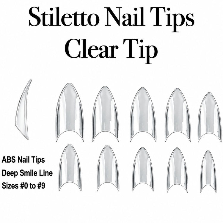 Clear ABS stiletto nail tips in sizes 0–9 with a deep smile line, shown from above and in side profile.
