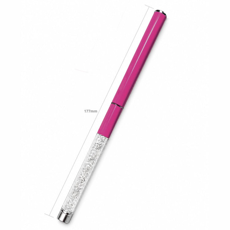 Pink stone cuticle file pen shown closed, with a crystal-filled clear handle and glossy protective cap, size 177mm