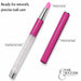 Infographic of a pink stone cuticle file pen highlighting the precision stone tip, crystal-filled clear handle, and protective cap design for smooth, precise nail care