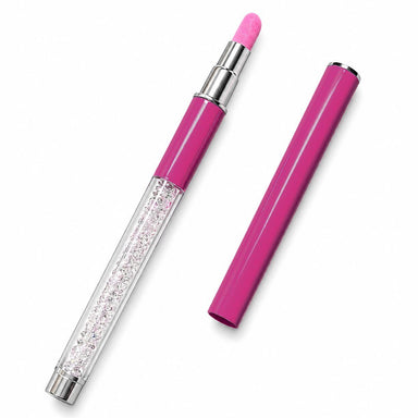 Pink crystal-handled stone cuticle file pen shown with the cap removed, revealing the pink abrasive tip on a light gray background