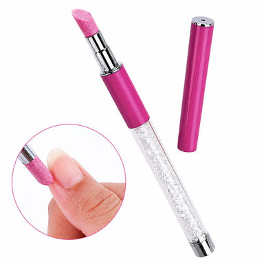 Pink stone cuticle file pen with crystal-filled clear handle and separate cap, plus an inset showing the pink precision tip in use on a natural nail