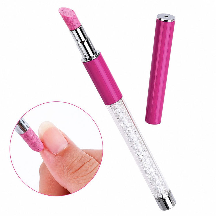 Pink stone cuticle file pen with crystal-filled clear handle and separate cap, plus an inset showing the pink precision tip in use on a natural nail