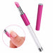 Pink stone cuticle file pen with crystal-filled clear handle and separate cap, plus an inset showing the pink precision tip in use on a natural nail