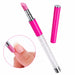 Pink stone cuticle file pen with crystal-filled clear handle and separate cap, plus an inset showing the pink precision tip in use on a natural nail