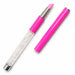 Pink stone cuticle file pen shown open with the cap removed, featuring a crystal-filled clear handle and angled pink abrasive tip on a light gray background