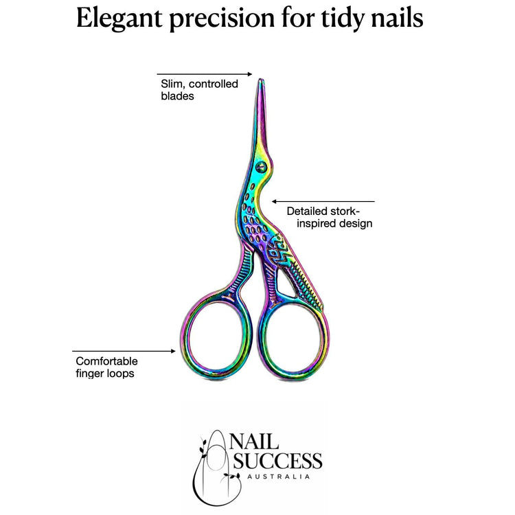 Rainbow stork nail scissors product benefits showing slim controlled blades, stork-inspired design and comfortable finger loops, NSI Australia