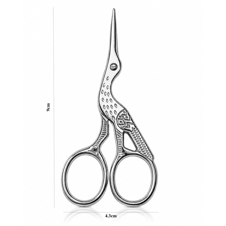 Silver stork nail scissors with 9cm length and 4.3cm width measurements, NSI Australia
