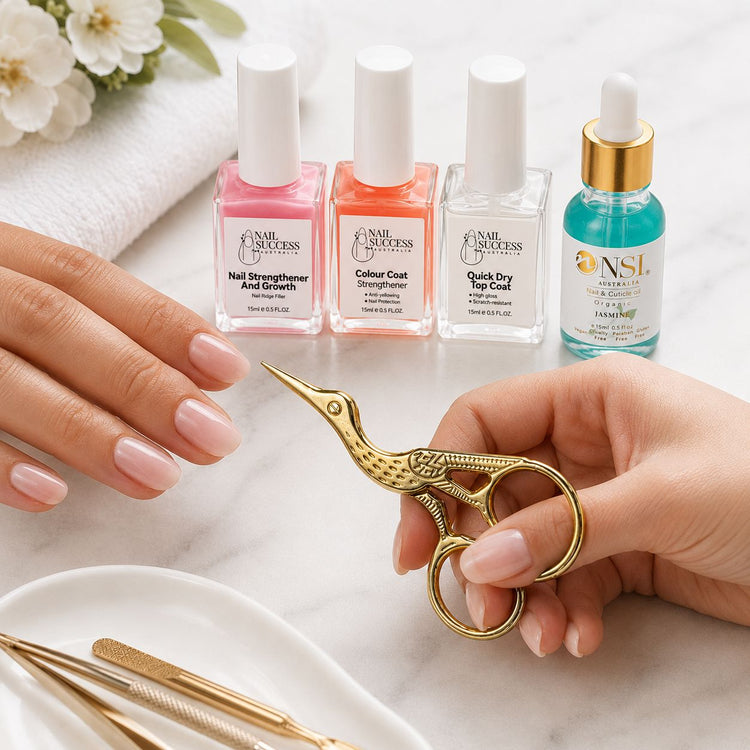 Gold stork scissors used with manicure and nail care products, NSI Australia