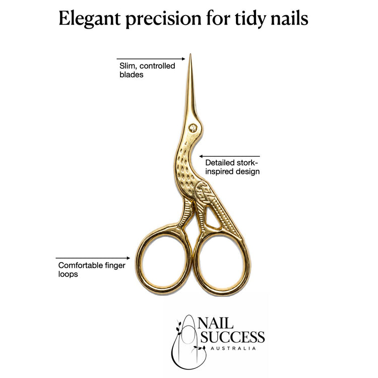 Gold stork scissors with slim pointed blades, comfortable finger loops and detailed stork design, NSI Australia