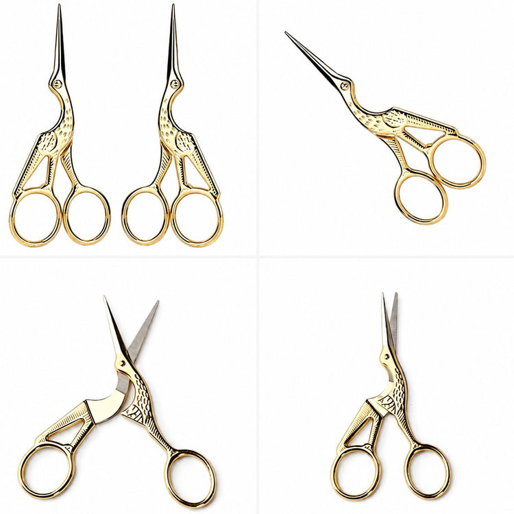 Gold stork scissors shown from multiple angles with open and closed precision blades, NSI Australia