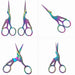 Rainbow stork nail scissors shown from multiple angles with metallic finish for manicure trimming, NSI Australia