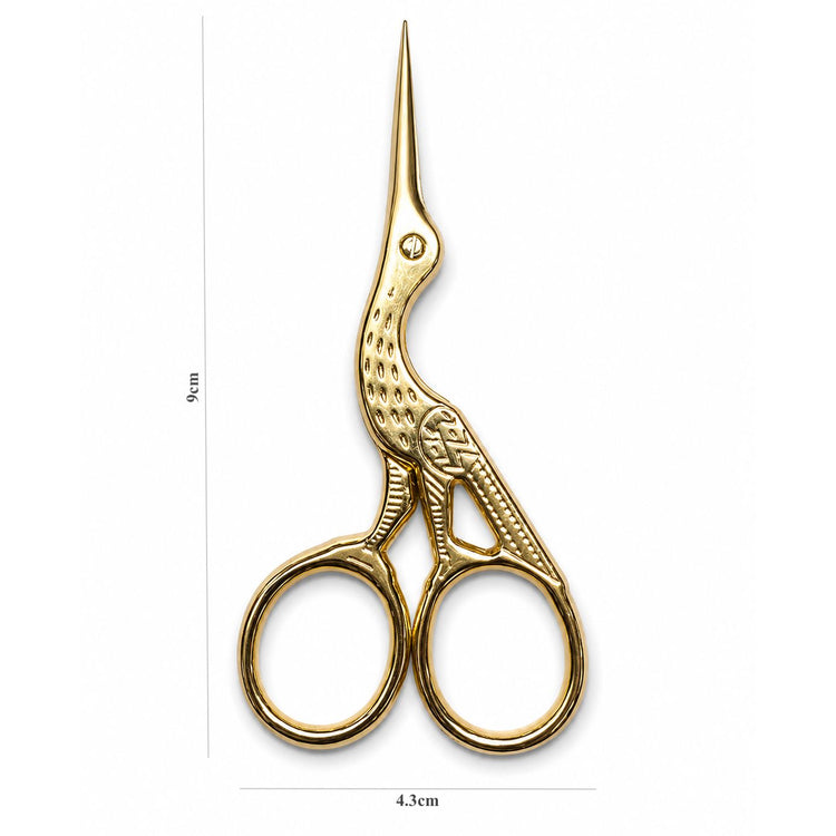 Gold stork scissors with 9cm by 4.3cm size measurements and pointed precision blades, NSI Australia