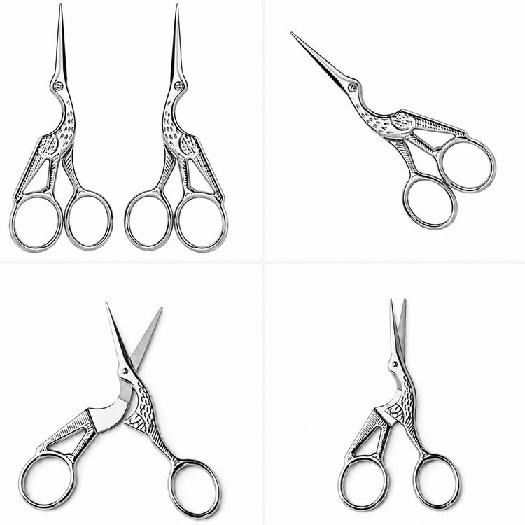 Silver stork nail scissors shown from multiple angles with open and closed blades, NSI Australia