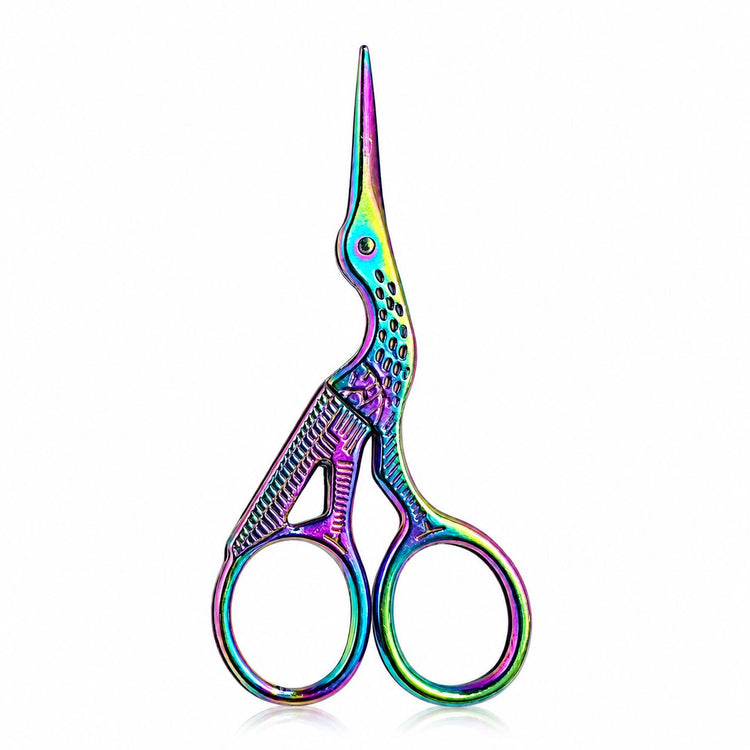 Rainbow stork nail scissors with metallic finish, shown from reverse side for manicure trimming, NSI Australia