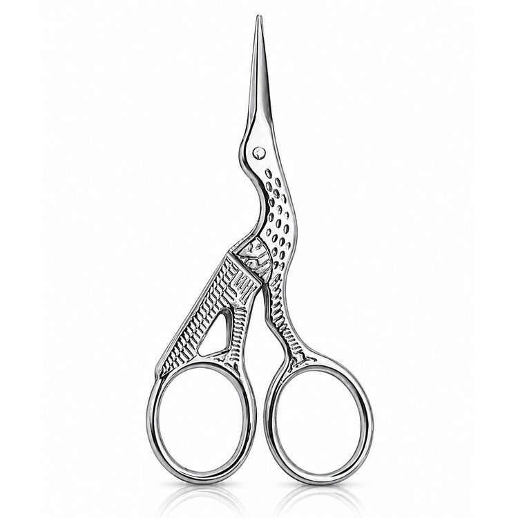 Silver stork nail scissors shown from reverse side with detailed handle design, NSI Australia
