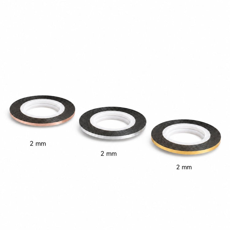 2mm metallic nail art striping tape rolls in rose gold, silver and gold from NSI Australia