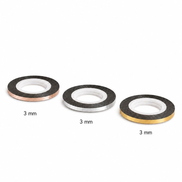 3 mm metallic nail art striping tape rolls in rose gold, silver and gold from Nail Success Australia