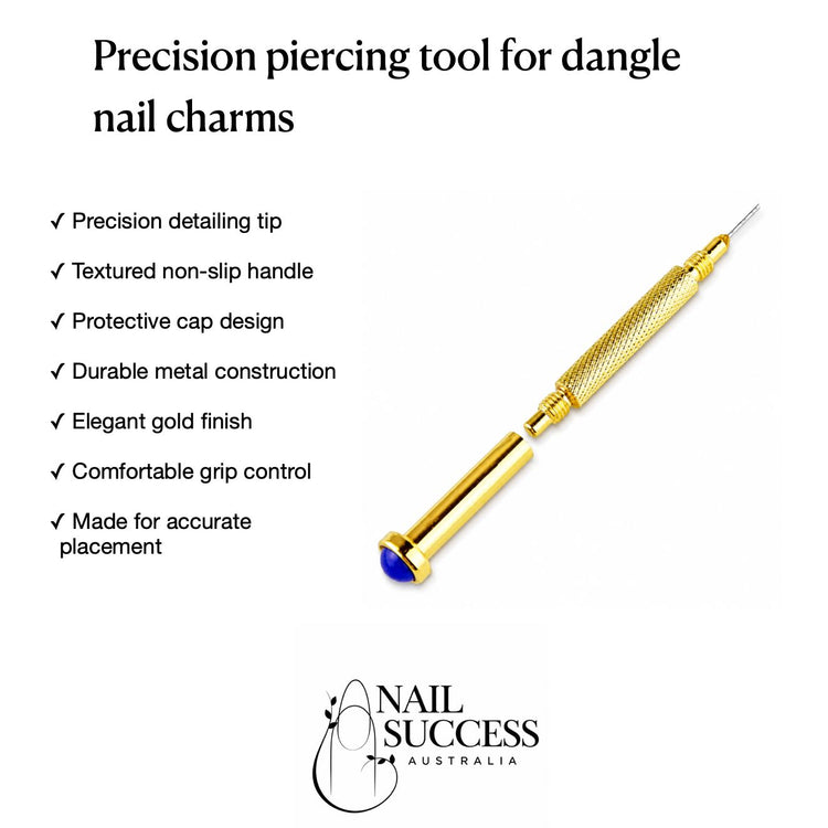 Gold stud drill nail piercing tool with textured non-slip handle and protective cap for precision dangle nail charm placement