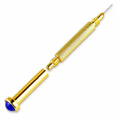 Gold stud drill nail piercing tool with precision drill bit and blue gemstone cap for adding dangle charms to salon nail art designs