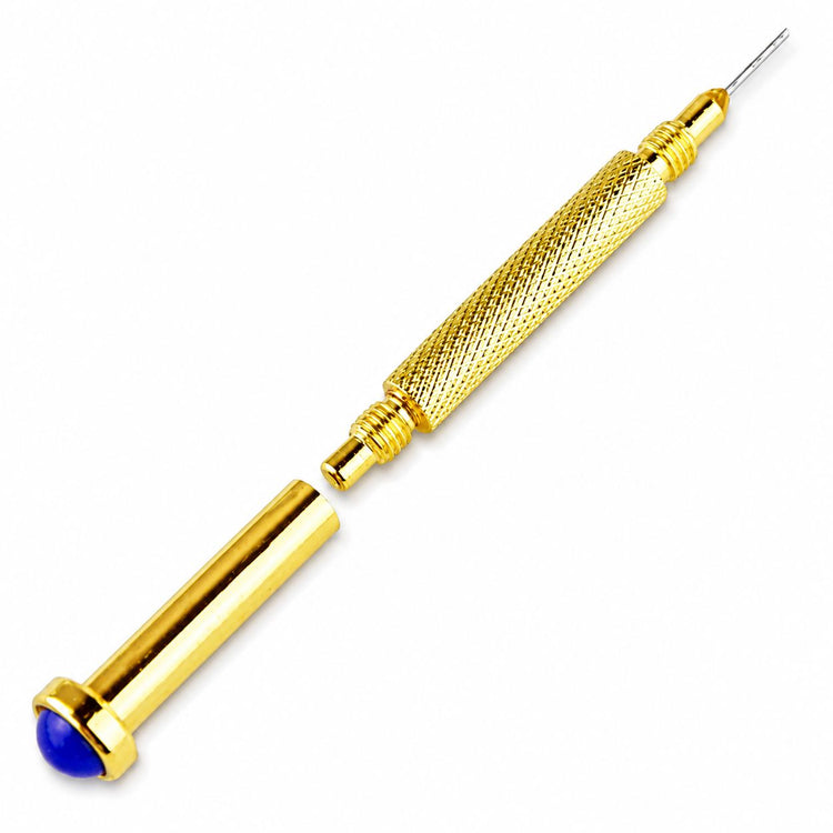 Gold stud drill nail piercing tool with precision drill bit and blue gemstone cap for adding dangle charms to salon nail art designs