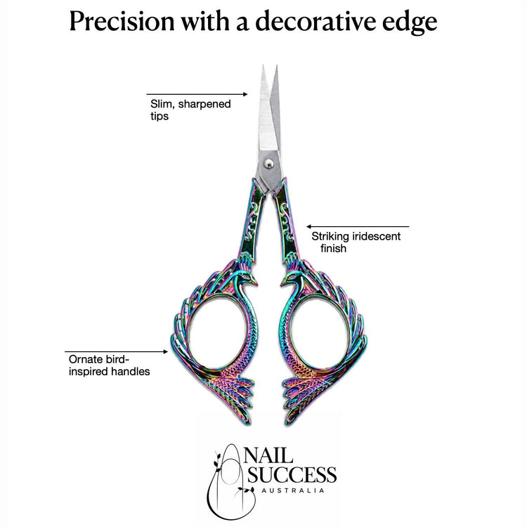 Rainbow stylish bird nail scissors product benefits showing slim sharpened tips, iridescent finish and ornate bird-inspired handles, NSI Australia