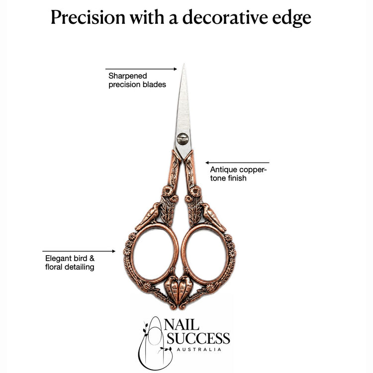 Copper stylish bird nail scissors product benefits showing sharpened precision blades, antique copper-tone finish and elegant bird floral detailing, NSI Australia