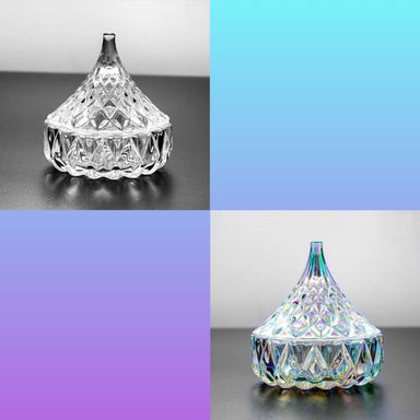 Stylish crystal dappen dish with lid, shown on blue, purple and black backgrounds