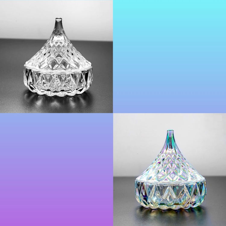 Stylish crystal dappen dish with lid, shown on blue, purple and black backgrounds