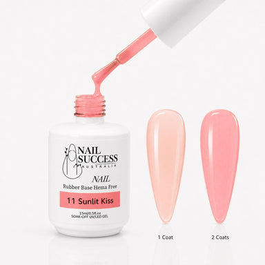 Sunlit Kiss Rubber Base Gel - open bottle with brush and swatches