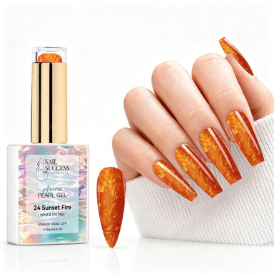 Sunset Fire aurora pearl gel polish with orange pearl shimmer swatch and matching manicure for HEMA and TPO free salon nails
